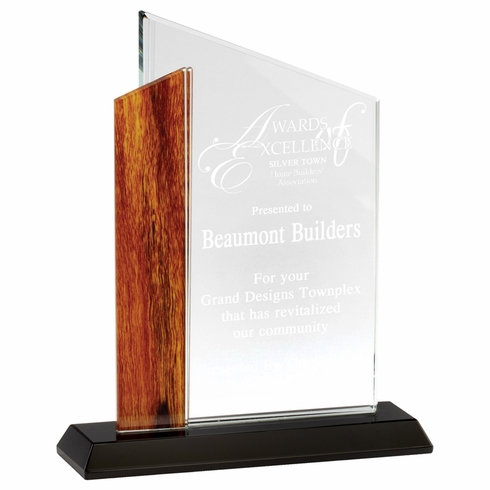 5-3/4 x 7-1/4 INCH OPTICAL CRYSTAL AWARD WITH BEVELED EDGES AND WOOD GRAIN ACCENT ON BLACK BASE