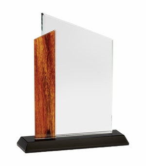5-3/4 x 7-1/4 INCH OPTICAL CRYSTAL AWARD WITH BEVELED EDGES AND WOOD GRAIN ACCENT ON BLACK BASE