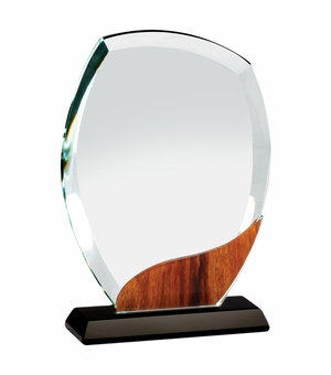 5-3/4 x 7-1/4 INCH OPTICAL CRYSTAL BEVELED ROUND AWARD WITH WOOD GRAIN ACCENT ON BLACK BASE
