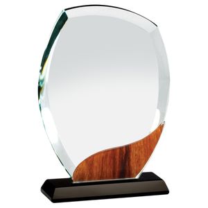5-3/4 x 7-1/4 INCH OPTICAL CRYSTAL BEVELED ROUND AWARD WITH WOOD GRAIN ACCENT ON BLACK BASE