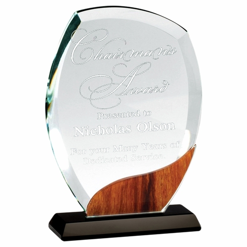 5-3/4 x 7-1/4 INCH OPTICAL CRYSTAL BEVELED ROUND AWARD WITH WOOD GRAIN ACCENT ON BLACK BASE
