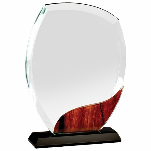 5-3/4 x 8 INCH OPTICAL CRYSTAL BEVELED ROUND AWARD WITH WOOD GRAIN ACCENT ON BLACK BASE