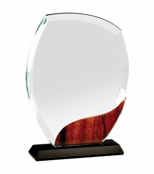 5-3/4 x 8 INCH OPTICAL CRYSTAL BEVELED ROUND AWARD WITH WOOD GRAIN ACCENT ON BLACK BASE