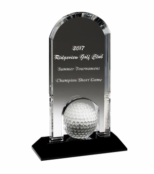 5-3/4" x 9" ARCH GOLF AWARD OPTICAL CRYSTAL WITH GOLF BALL ON BLACK CRYSTAL BASE