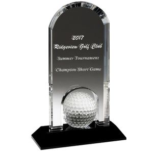 5-3/4" x 9" ARCH GOLF AWARD OPTICAL CRYSTAL WITH GOLF BALL ON BLACK CRYSTAL BASE