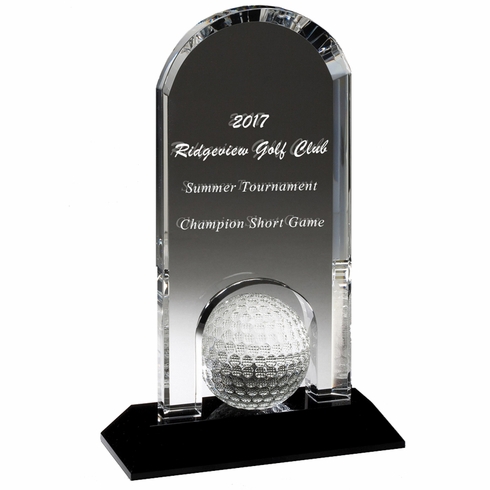 5-3/4" x 9" ARCH GOLF AWARD OPTICAL CRYSTAL WITH GOLF BALL ON BLACK CRYSTAL BASE