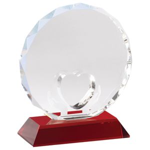5-3/8 x 4-1/2 INCH OPTICAL CRYSTAL HEART IN HANDS AWARD ON RED BASE