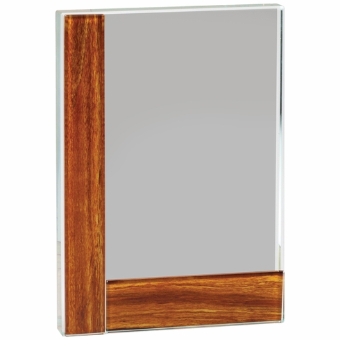 5-3/8 x 8 INCH RECTANGULAR OPTICAL CRYSTAL AWARD WITH WOOD EDGE