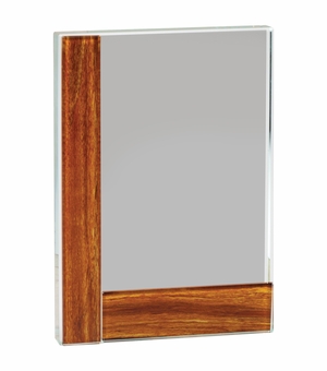 5-3/8 x 8 INCH RECTANGULAR OPTICAL CRYSTAL AWARD WITH WOOD EDGE