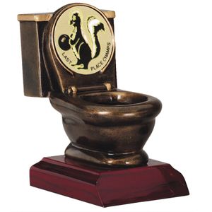5 INCH ANTIQUE GOLD TOILET BOWL TROPHY RESIN ON ROSEWOOD BASE
