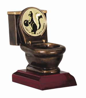 5 INCH ANTIQUE GOLD TOILET BOWL TROPHY RESIN ON ROSEWOOD BASE