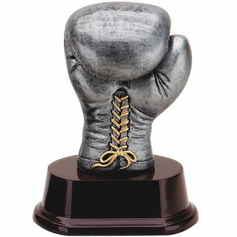 5 INCH ANTIQUE SILVER BOXING GLOVE TROPHY RESIN ON ROSEWOOD BASE