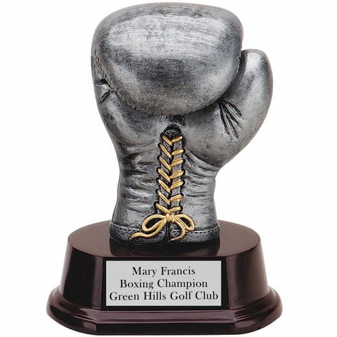 5 INCH ANTIQUE SILVER BOXING GLOVE TROPHY RESIN ON ROSEWOOD BASE