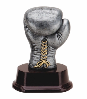 5 INCH ANTIQUE SILVER BOXING GLOVE TROPHY RESIN ON ROSEWOOD BASE