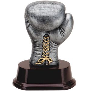 5 INCH ANTIQUE SILVER BOXING GLOVE TROPHY RESIN ON ROSEWOOD BASE