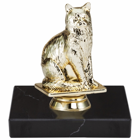 5 INCH CAT ANIMAL GOLD TROPHY ON BLACK MARBLE BASE