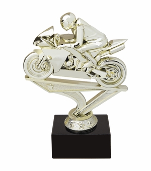 5 INCH RACING MOTORCYCLE GOLD FIGURE ON BLACK MARBLE BASE