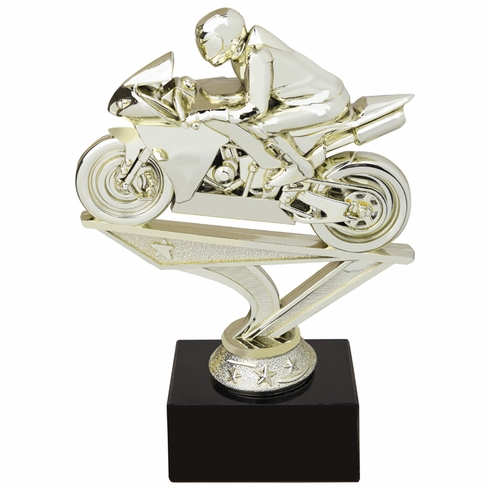 5 INCH RACING MOTORCYCLE GOLD FIGURE ON BLACK MARBLE BASE