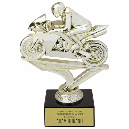 5 INCH RACING MOTORCYCLE GOLD FIGURE ON BLACK MARBLE BASE