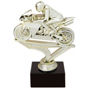 5 INCH RACING MOTORCYCLE GOLD FIGURE ON BLACK MARBLE BASE