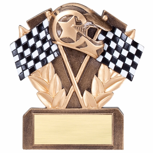 5" RACING CHECKERED FLAG TROPHY ANTIQUE GOLD FINISH