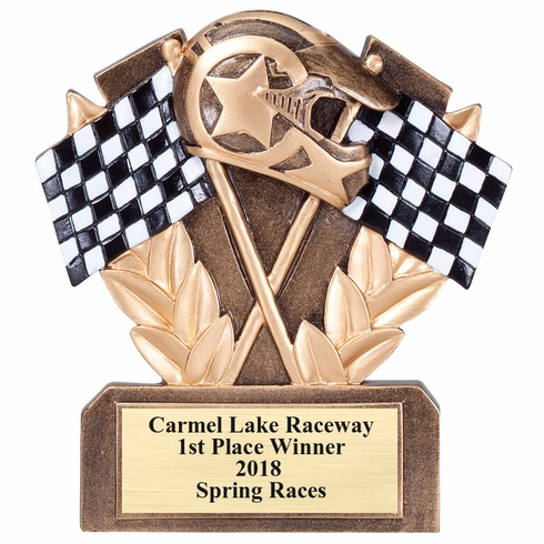 5" RACING CHECKERED FLAG TROPHY ANTIQUE GOLD FINISH
