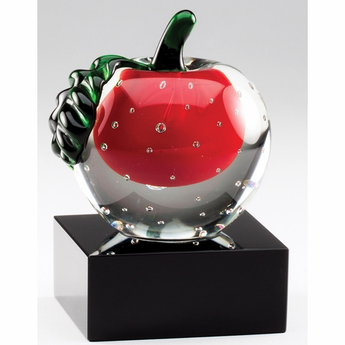5 X 3-1/2 INCH OPTICAL APPLE CRYSTAL AWARD TROPHY ON BLACK BASE 