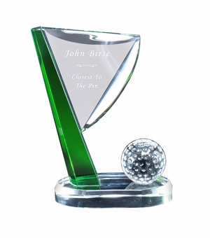 5"x 6-1/4" GOLF FLAG & BALL OPTICAL CRYSTAL AWARD WITH GREEN ACCENTS & BEVELED EDGES