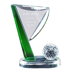 5"x 6-1/4" GOLF FLAG & BALL OPTICAL CRYSTAL AWARD WITH GREEN ACCENTS & BEVELED EDGES
