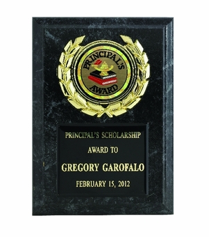 5 X 7 INCH SIMULATED BLACK MARBLE PLAQUE WITH BLACK PLATE, WREATH MEDALLION HOLDER TAKES INSERT