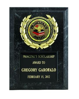 5 X 7 INCH SIMULATED BLACK MARBLE PLAQUE WITH BLACK PLATE, WREATH MEDALLION HOLDER TAKES INSERT