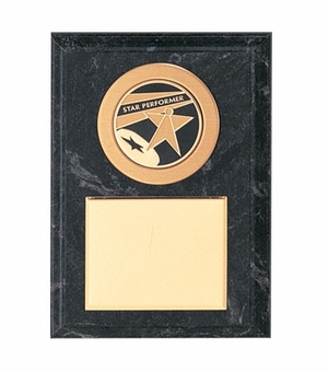 5 X 7 INCH SIMULATED BLACK MARBLE PLAQUE WITH GOLD PLATE, ROUND MEDALLION HOLDER TAKES INSERT