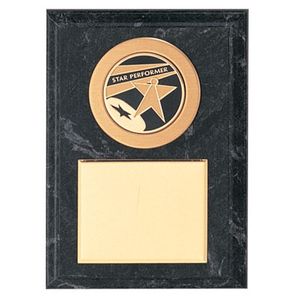 5 X 7 INCH SIMULATED BLACK MARBLE PLAQUE WITH GOLD PLATE, ROUND MEDALLION HOLDER TAKES INSERT