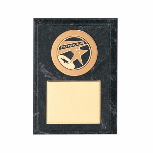 5 X 7 INCH SIMULATED BLACK MARBLE PLAQUE WITH GOLD PLATE, ROUND MEDALLION HOLDER TAKES INSERT