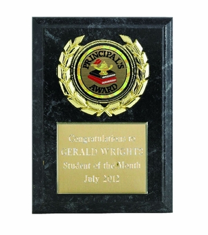 5 X 7 INCH SIMULATED BLACK MARBLE PLAQUE WITH GOLD PLATE, WREATH MEDALLION HOLDER TAKES INSERT