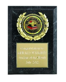5 X 7 INCH SIMULATED BLACK MARBLE PLAQUE WITH GOLD PLATE, WREATH MEDALLION HOLDER TAKES INSERT