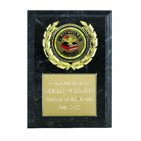 5 X 7 INCH SIMULATED BLACK MARBLE PLAQUE WITH GOLD PLATE, WREATH MEDALLION HOLDER TAKES INSERT