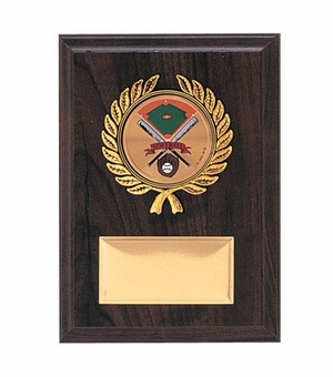 5 X 7 INCH SIMULATED WALNUT PLAQUE WITH GOLD PLATE, PLASTIC WREATH TAKES INSERT