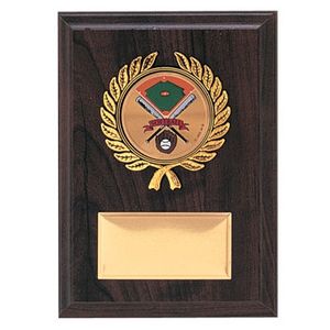 5 X 7 INCH SIMULATED WALNUT PLAQUE WITH GOLD PLATE, PLASTIC WREATH TAKES INSERT