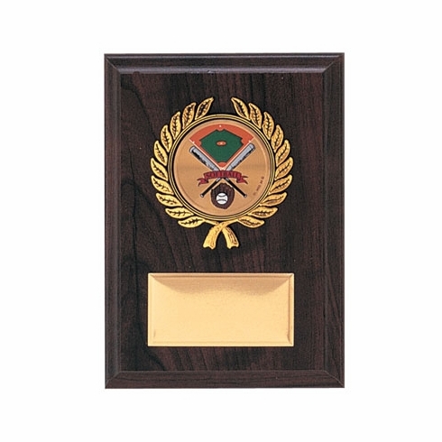 5 X 7 INCH SIMULATED WALNUT PLAQUE WITH GOLD PLATE, PLASTIC WREATH TAKES INSERT