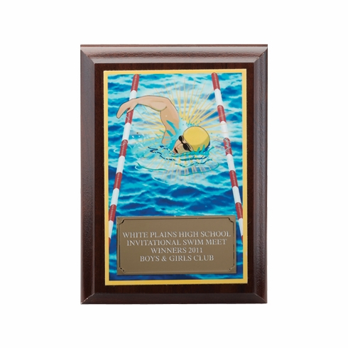 5 X 7 INCH SWIMMING DIGITAL PHOTO PLAQUE WITH GOLD ALUMINUM ENGRAVING PLATE