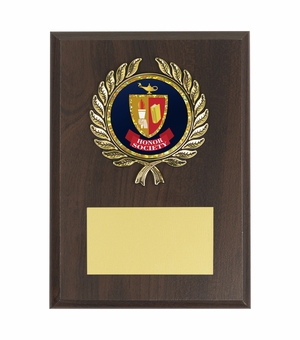 5 x 7 INCH WALNUT FINISH PLAQUE WITH GOLD WREATH AND 2 INCH HONOR SOCIETY MYLAR INSERT