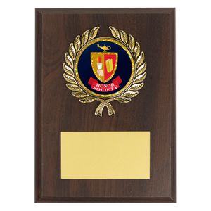 5 x 7 INCH WALNUT FINISH PLAQUE WITH GOLD WREATH AND 2 INCH HONOR SOCIETY MYLAR INSERT