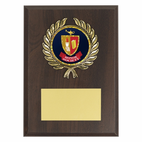 5 x 7 INCH WALNUT FINISH PLAQUE WITH GOLD WREATH AND 2 INCH HONOR SOCIETY MYLAR INSERT