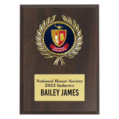 5 x 7 INCH WALNUT FINISH PLAQUE WITH GOLD WREATH AND 2 INCH HONOR SOCIETY MYLAR INSERT