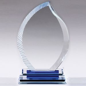 8 X 5 INCH OPTICAL CRYSTAL FLAME AWARD WITH SERRATED EDGE BLUE BASE.