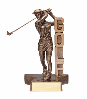 6-1/2" FEMALE GOLF BILLBOARD TROPHY FOLLOW THROUGH SWING ANTIQUE GOLD PAINTED RESIN WITH GOLD PLATE