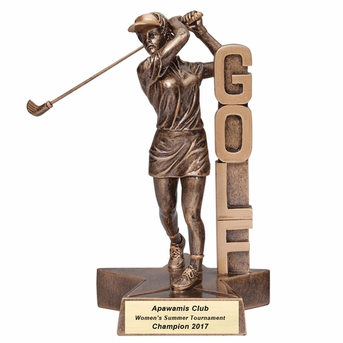 6-1/2" FEMALE GOLF BILLBOARD TROPHY FOLLOW THROUGH SWING ANTIQUE GOLD PAINTED RESIN WITH GOLD PLATE