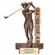 6-1/2" FEMALE GOLF BILLBOARD TROPHY FOLLOW THROUGH SWING ANTIQUE GOLD PAINTED RESIN WITH GOLD PLATE