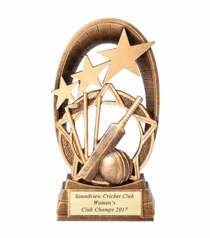 6-1/2" GAME OF CRICKET TROPHY HAND PAINTED RESIN TROPHY, ANTIQUE GOLD WITH GOLD ENGRAVING PLATE